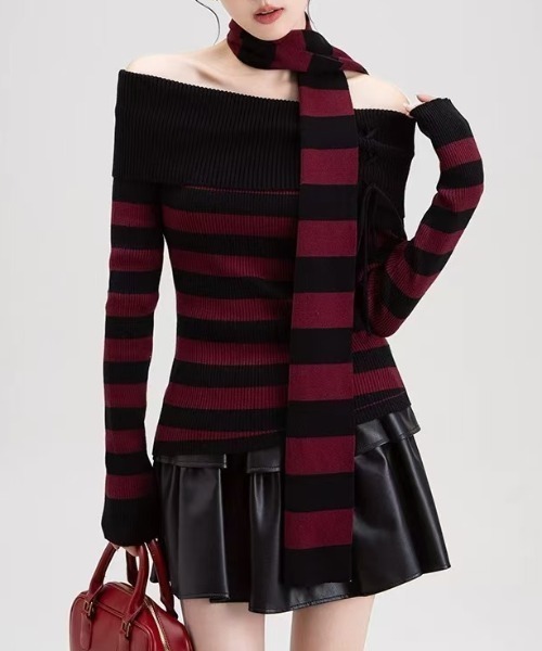 セール】ストライブ柄オフショルニットTOPS マフラー付き