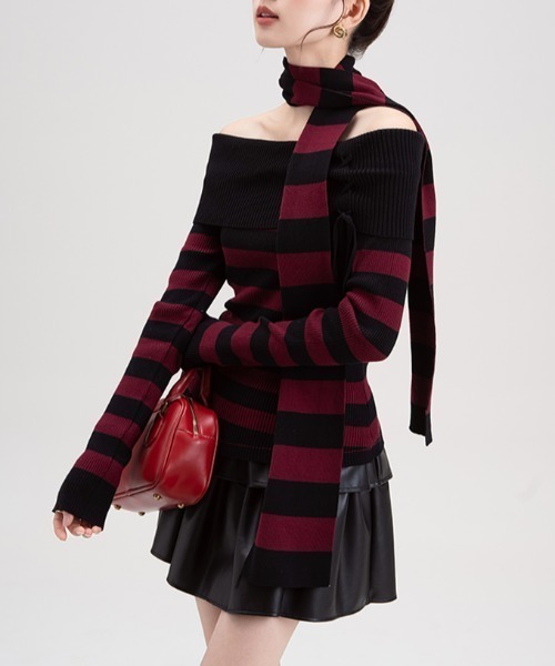 セール】ストライブ柄オフショルニットTOPS マフラー付き（ニット