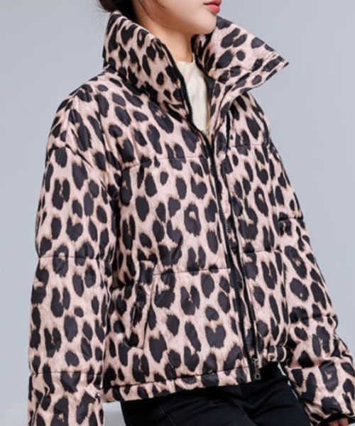 セール】ヒョウ柄 ショート丈 スタンドカラー エコダウンジャケット