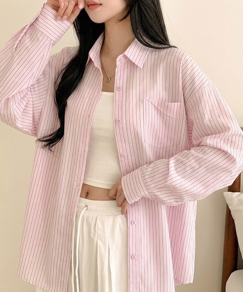 LADY LIKE(レディライク)の「デザインポケットストライプシャツ(シャツ/ブラウス・レディース・ベージュ/サックスブルー/ブルー/ピンク・M)」の4枚目の写真