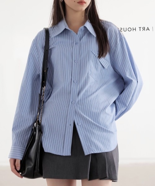 LADY LIKE(レディライク)の「デザインポケットストライプシャツ(シャツ/ブラウス・レディース・ベージュ/サックスブルー/ブルー・M)」の12枚目の写真