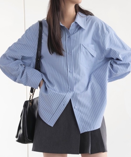 LADY LIKE(レディライク)の「デザインポケットストライプシャツ(シャツ/ブラウス・レディース・ベージュ/サックスブルー/ブルー・M)」の16枚目の写真