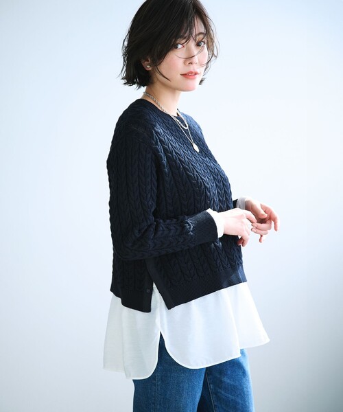 23区 S(ニジュウサンクチイサイサイズ)の「【Oggi3月号掲載/洗える】コットンギマ ケーブル ニット(ニット/セーター・レディース・ネイビー系/ライトグリーン系/ベージュ系・32)」の5枚目の写真