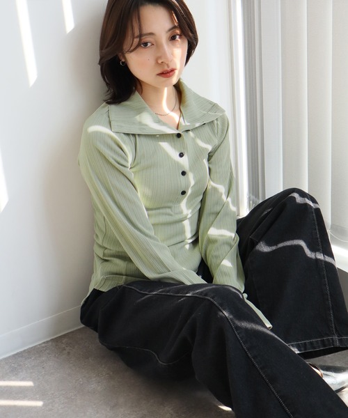 NOGLE（ノグル）の「【NOGLE/ノグル】ヘンリーネックトップス（Tシャツ/カットソー・レディース・グレー/グリーン/アイボリー/チャコール・FREE）」の4枚目の写真