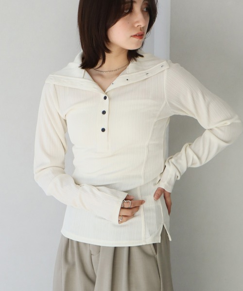 NOGLE（ノグル）の「【NOGLE/ノグル】ヘンリーネックトップス（Tシャツ/カットソー・レディース・グレー/グリーン/アイボリー/チャコール・FREE）」の5枚目の写真