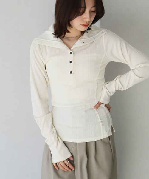 NOGLE（ノグル）の「【NOGLE/ノグル】ヘンリーネックトップス（Tシャツ/カットソー・レディース・グレー/グリーン/アイボリー/チャコール・FREE）」の6枚目の写真