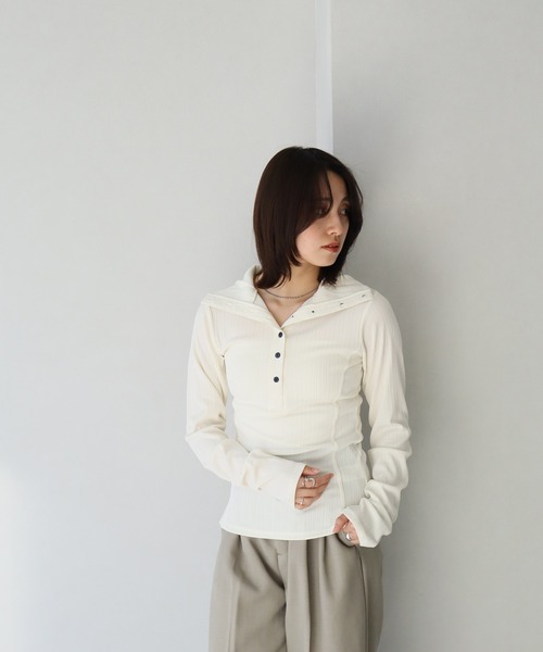 NOGLE（ノグル）の「【NOGLE/ノグル】ヘンリーネックトップス（Tシャツ/カットソー・レディース・グレー/グリーン/アイボリー/チャコール・FREE）」の9枚目の写真