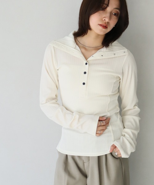 NOGLE（ノグル）の「【NOGLE/ノグル】ヘンリーネックトップス（Tシャツ/カットソー・レディース・グレー/グリーン/アイボリー/チャコール・FREE）」の10枚目の写真