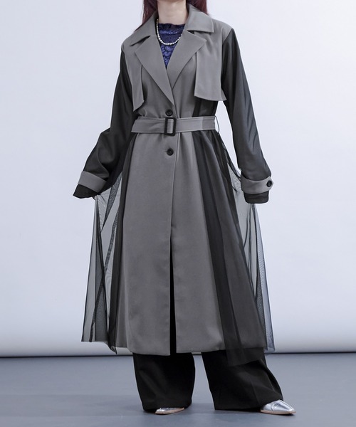 セール】チュールレイヤードロングトレンチコート（トレンチコート