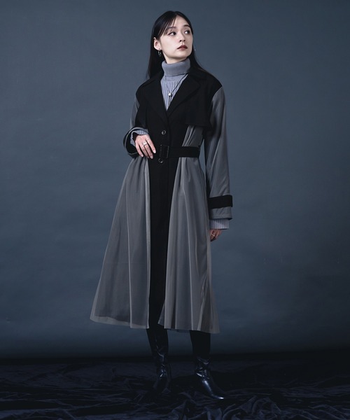 静河 Ellno de Mavie チュールレイヤードロングトレンチコート セール】【新色追加】チュールレイヤードロングトレンチコート