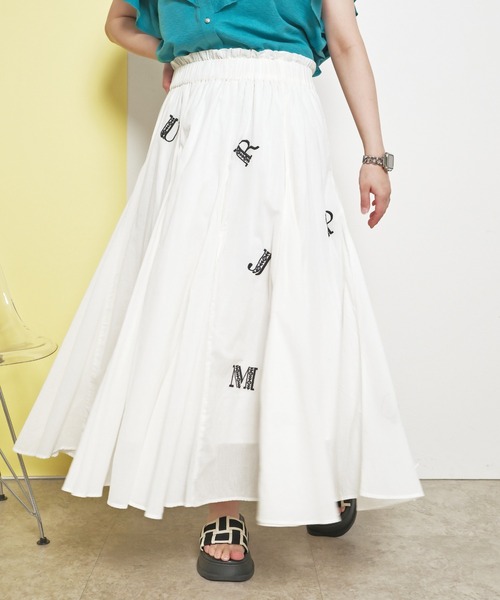 インド綿 刺繍フレアロングスカート パネル切替 英字ロゴ刺繍 Palm