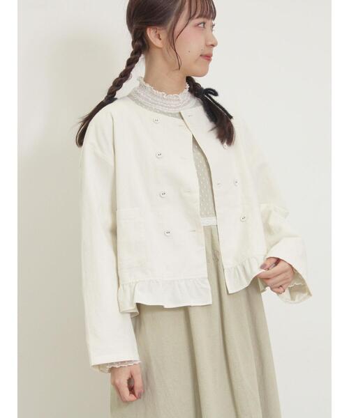 Samansa Mos2（サマンサ モスモス）の「綿麻裾フリルダブルボタンショートジャケット（ノーカラージャケット・レディース・キナリ/オフホワイト/チャコールグレー・F）」の14枚目の写真