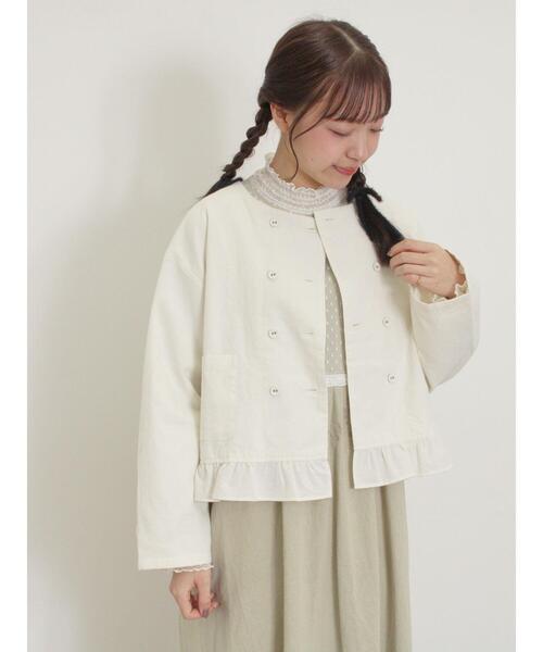 Samansa Mos2（サマンサ モスモス）の「綿麻裾フリルダブルボタンショートジャケット（ノーカラージャケット・レディース・キナリ/オフホワイト/チャコールグレー・F）」の16枚目の写真