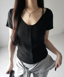 ※※【 3color 】フロントボタンカットアウトストラップ半袖Tシャツ / front Button cutout strap short sleeve T-shirt