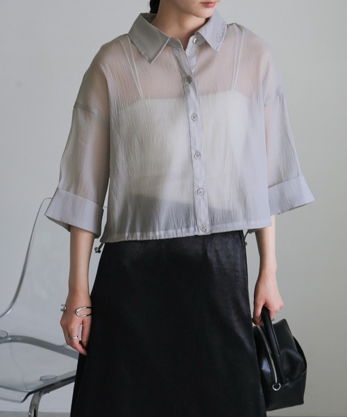 select MOCA(セレクトモカ)の「ヘムドロストショートシアーシャツ(シャツ/ブラウス・レディース・グレー/ブルー/オフホワイト/ブラック・FREE)」の20枚目の写真