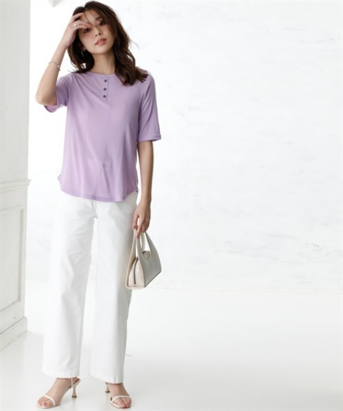 nissen（ニッセン）の「ランダムリブカットソーヘンリーネック５分袖プルオーバー（薄手素材）＜大きいサイズ有＞（Tシャツ/カットソー・レディース・ブラック/ライトブルー/ラベンダー/ブラウン/グリーン・S/M/L/LL/3L）」の18枚目の写真