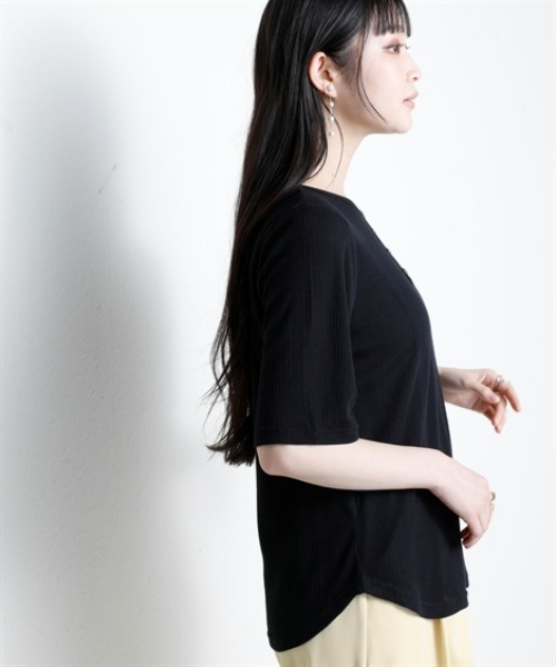 nissen（ニッセン）の「ランダムリブカットソーヘンリーネック５分袖プルオーバー（薄手素材）＜大きいサイズ有＞（Tシャツ/カットソー・レディース・ブラック/ライトブルー/ラベンダー/ブラウン/グリーン・S/M/L/LL/3L）」の16枚目の写真