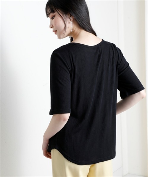 nissen（ニッセン）の「ランダムリブカットソーヘンリーネック５分袖プルオーバー（薄手素材）＜大きいサイズ有＞（Tシャツ/カットソー・レディース・ブラック/ライトブルー/ラベンダー/ブラウン/グリーン・S/M/L/LL/3L）」の15枚目の写真