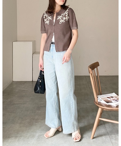 美品★René /ルネ 半袖ニットダブルジップ パール　ボレロ　カーディガン36 ルネ Rene カーディガン ボレロ 半袖 ダブルジップ ミント
