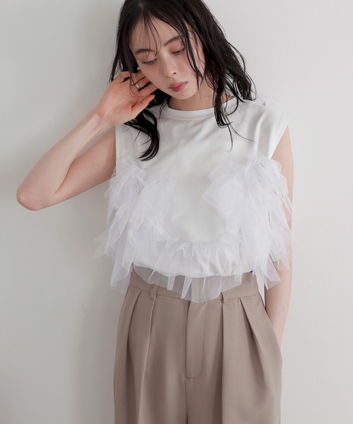 LIAN（リアン）の「3WAYチュールデザインT（Tシャツ/カットソー・レディース・オフホワイト/ブラック/杢グレー・FREE）」の2枚目の写真