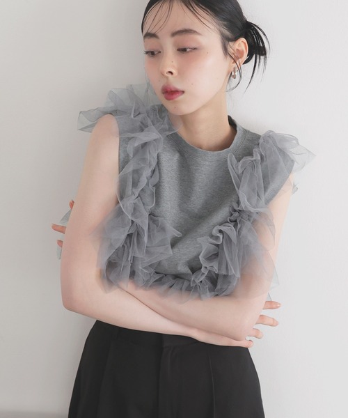 LIAN（リアン）の「3WAYチュールデザインT（Tシャツ/カットソー・レディース・オフホワイト/ブラック/杢グレー・FREE）」の5枚目の写真