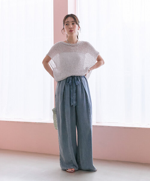 ラブティックボンボン　ラメ天竺針抜きフレンチニット 接触冷感・UVカット】クールタッチUVボリューム半袖2WAYニット