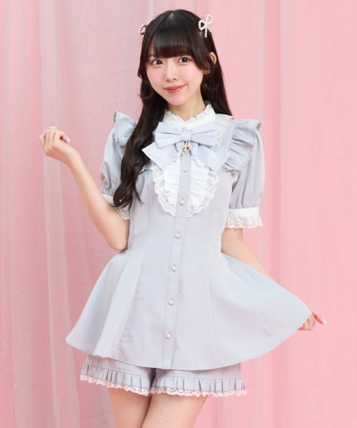 Secret Honey(シークレットハニー)の「アクセサリーリボンレースフリル半袖セットアップ(セットアップ・レディース・ブラック/ブラックミックス/ブラック系その他/ライトブルー/グレー/ピンク・MEDIUM)」の4枚目の写真