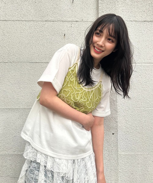 AS KNOW AS plus(アズノゥアズプラス)の「●コード刺繍モチーフキャミソールと半袖Tシャツ 2点セットアイテム(Tシャツ/カットソー・レディース・ブラック系/ライトグリーン系/アイボリー系・FREE)」の5枚目の写真