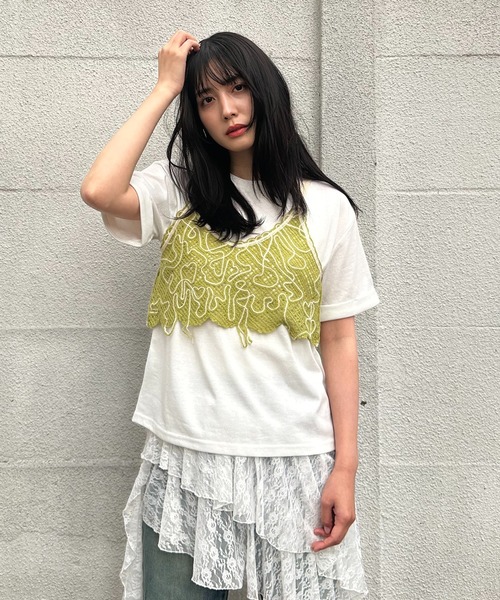 AS KNOW AS plus(アズノゥアズプラス)の「●コード刺繍モチーフキャミソールと半袖Tシャツ 2点セットアイテム(Tシャツ/カットソー・レディース・ブラック系/ライトグリーン系/アイボリー系・FREE)」の8枚目の写真