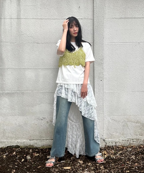 AS KNOW AS plus(アズノゥアズプラス)の「●コード刺繍モチーフキャミソールと半袖Tシャツ 2点セットアイテム(Tシャツ/カットソー・レディース・ブラック系/ライトグリーン系/アイボリー系・FREE)」の12枚目の写真