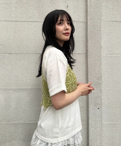 AS KNOW AS plus(アズノゥアズプラス)の「●コード刺繍モチーフキャミソールと半袖Tシャツ 2点セットアイテム(Tシャツ/カットソー・レディース・ブラック系/ライトグリーン系/アイボリー系・FREE)」の9枚目の写真