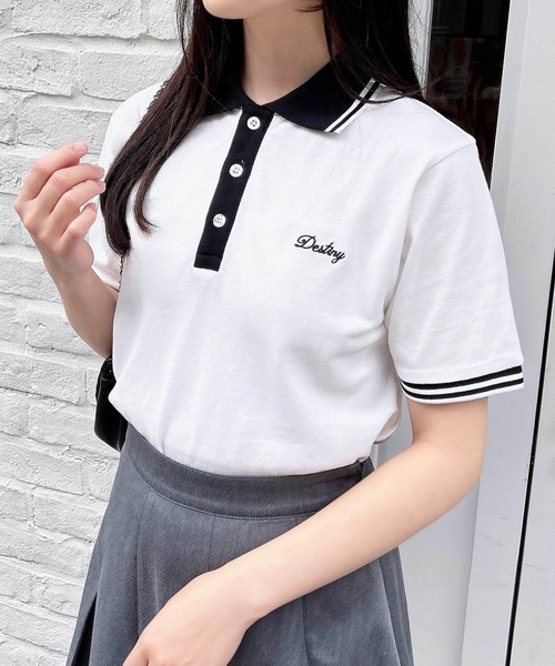 INGNI(イング)の「胸ロゴクロップドポロシャツ(シャツ/ブラウス・レディース・オフホワイト/ネイビー/レッド・M)」の2枚目の写真
