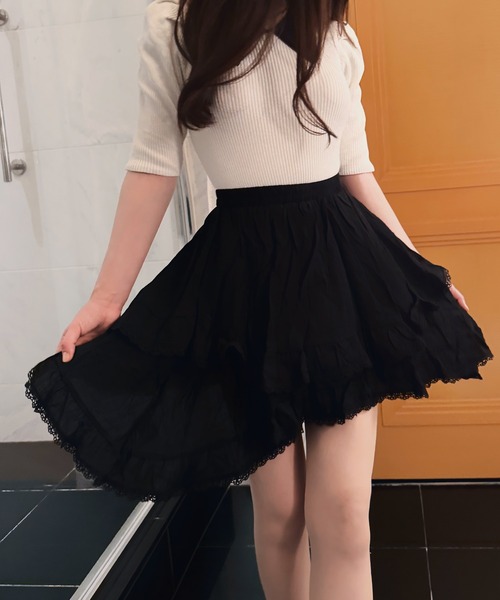 イレヘムレースフリルスカート フリル付き黒ミニフレアスカート セール】イレヘムフリルフレアミニスカート(インパン付
