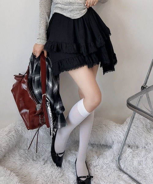 イレヘムレースフリルスカート フリル付き黒ミニフレアスカート セール】イレヘムフリルフレアミニスカート(インパン付