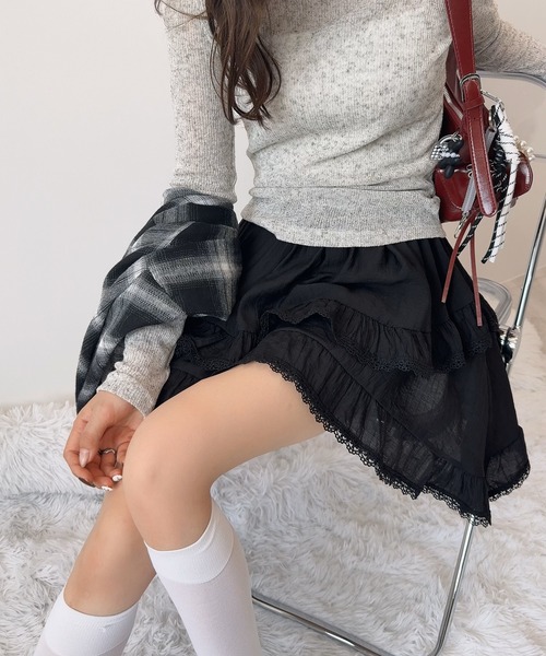 イレヘムレースフリルスカート フリル付き黒ミニフレアスカート セール】イレヘムフリルフレアミニスカート(インパン付