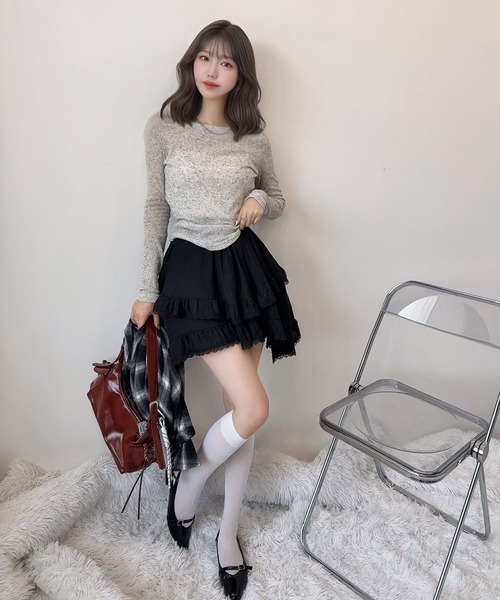 イレヘムレースフリルスカート フリル付き黒ミニフレアスカート セール】イレヘムフリルフレアミニスカート(インパン付