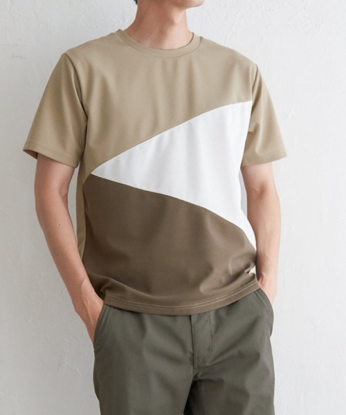 ikka(イッカ)の「【プチプラ1990円(税抜)】【接触冷感/吸水速乾】マルチファンクション斜め切り替えTシャツ【親子コーデ】(Tシャツ/カットソー・メンズ・ネイビー/ベージュ/ホワイト/ブラック・M/L/XL/S)」の3枚目の写真