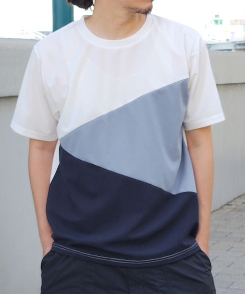 ikka(イッカ)の「【プチプラ1990円(税抜)】【接触冷感/吸水速乾】マルチファンクション斜め切り替えTシャツ【親子コーデ】(Tシャツ/カットソー・メンズ・ネイビー/ベージュ/ホワイト/ブラック・M/L/XL/S)」の2枚目の写真