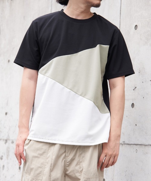 ikka(イッカ)の「【プチプラ1990円(税抜)】【接触冷感/吸水速乾】マルチファンクション斜め切り替えTシャツ【親子コーデ】(Tシャツ/カットソー・メンズ・ネイビー/ベージュ/ホワイト/ブラック・M/L/XL/S)」の1枚目の写真