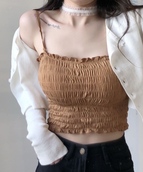 セール】カップ付きシャーリングキャミソールブラトップ