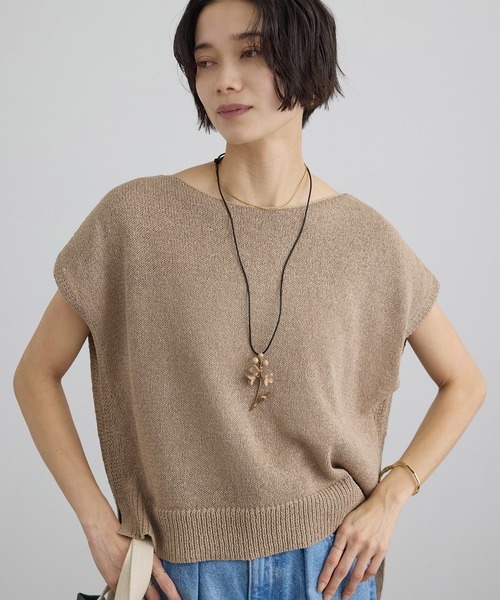 SALON adam et rope'（サロン アダム エ ロペ）の「ペーパーヤーンフレンチスリーブプルオーバー［手洗い可/和紙素材］（Tシャツ/カットソー・レディース・チャコールグレー/ベージュ・FREE）」の7枚目の写真