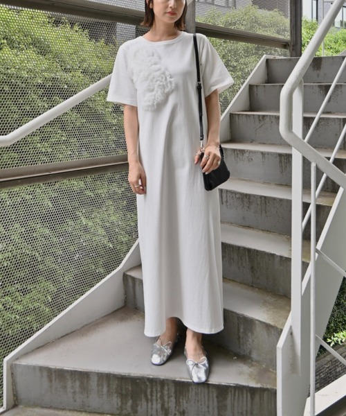 セール】tulle motif half sleeve cut and sew OP（ワンピース