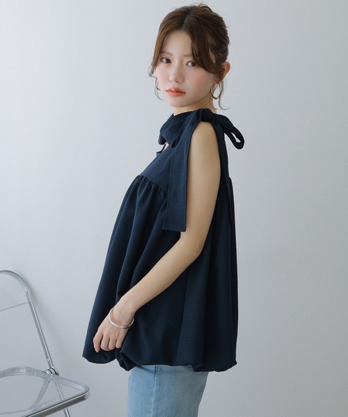 LAULEN（ローレン）の「ribbon balloon sleeveless blouse /肩リボンバルーンノースリブラウス（シャツ/ブラウス・レディース・ホワイト/ネイビー/ベージュ・FREE）」の9枚目の写真