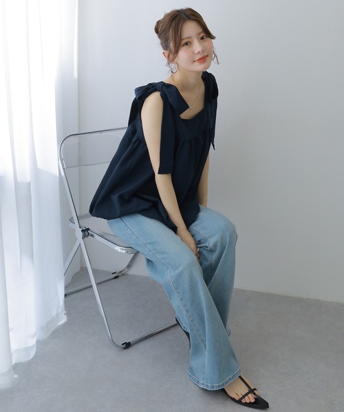 LAULEN（ローレン）の「ribbon balloon sleeveless blouse /肩リボンバルーンノースリブラウス（シャツ/ブラウス・レディース・ホワイト/ネイビー/ベージュ・FREE）」の11枚目の写真