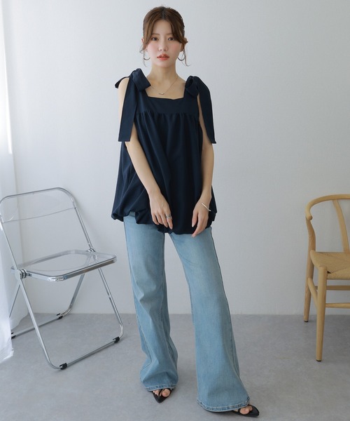 LAULEN（ローレン）の「ribbon balloon sleeveless blouse /肩リボンバルーンノースリブラウス（シャツ/ブラウス・レディース・ホワイト/ネイビー/ベージュ・FREE）」の12枚目の写真