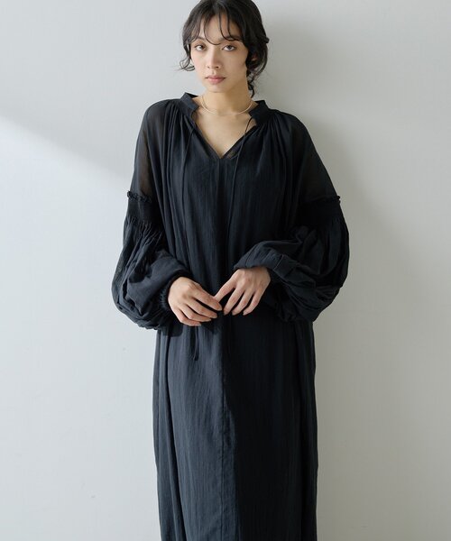 Whim Gazette コットンシフォンギャザーロングシャツワンピース　黒 Whim Gazette（ウィムガゼット）の「コットンシフォンギャザー