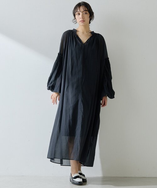Whim Gazette コットンシフォンギャザーロングシャツワンピース　黒 Whim Gazette（ウィムガゼット）の「コットンシフォンギャザー