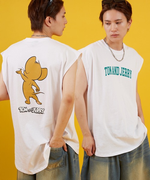 イエロー ノースリーブタンクトップ キャラクター付き セール】【TOM&JERRY】プリント ノースリーブTシャツ（タンクトップ