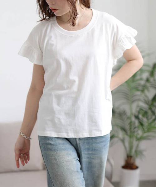 GOLDJAPAN(ゴールドジャパン)の「フリルフレンチスリーブコットンTシャツ【大きいサイズ対応】(Tシャツ/カットソー・レディース・オフホワイト/チャコールグレー/ブラック/ベージュ系/ミント・LL~3L/4L~5L)」の2枚目の写真