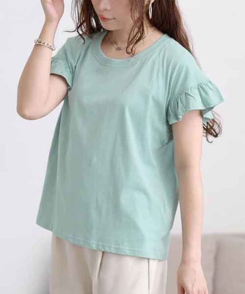 GOLDJAPAN(ゴールドジャパン)の「フリルフレンチスリーブコットンTシャツ【大きいサイズ対応】(Tシャツ/カットソー・レディース・オフホワイト/チャコールグレー/ブラック/ベージュ系/ミント・LL~3L/4L~5L)」の5枚目の写真